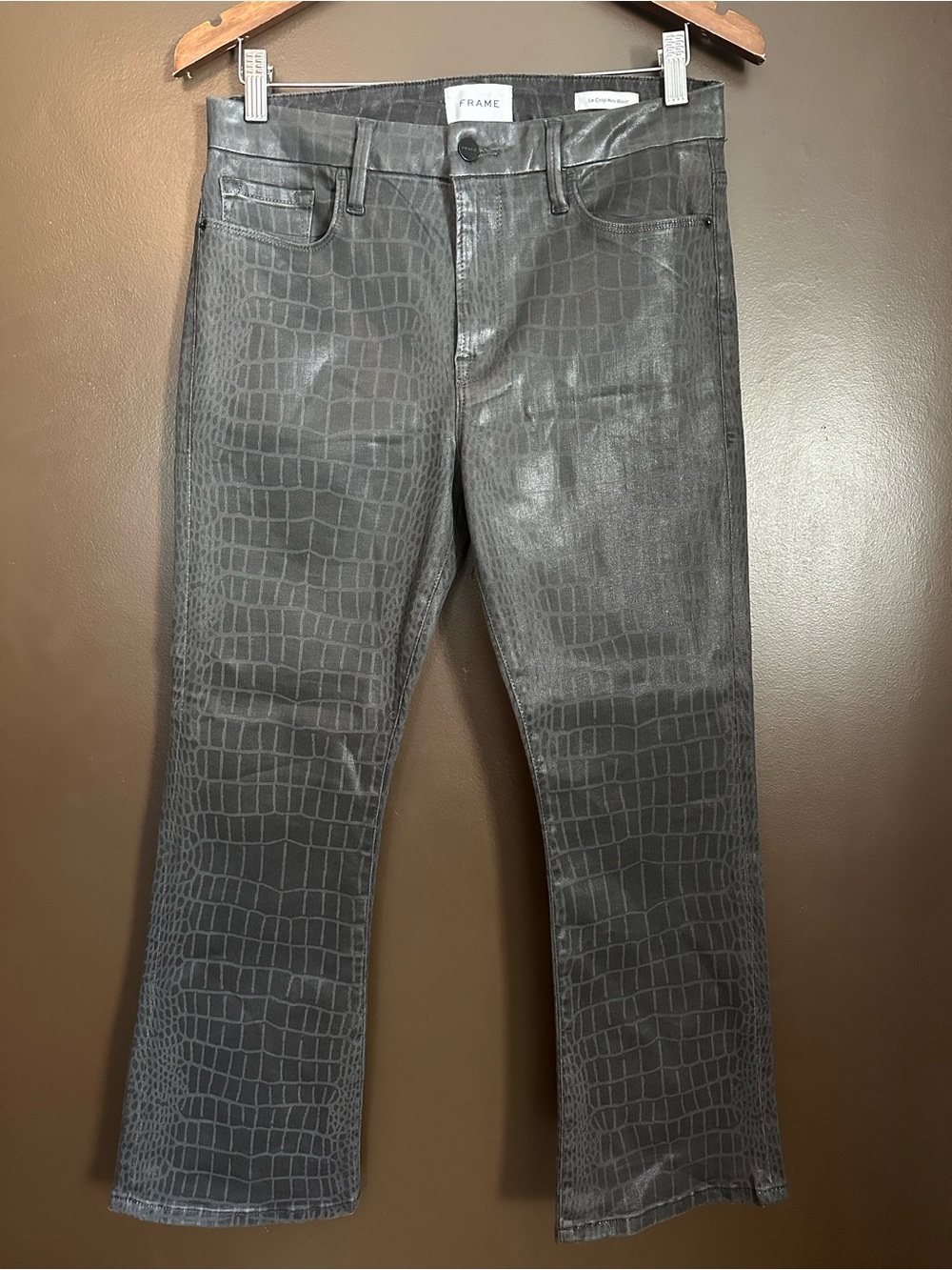 FRAME Le Crop Mini Boot Noir Croc Coated Jeans Size 31